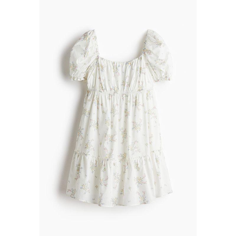 

HM Women s Clothing Florals Dress 2025 Autumn New Holiday Square Collar Puff Sleeve Frill Dress 1275848 White/Florals 170/104(L)