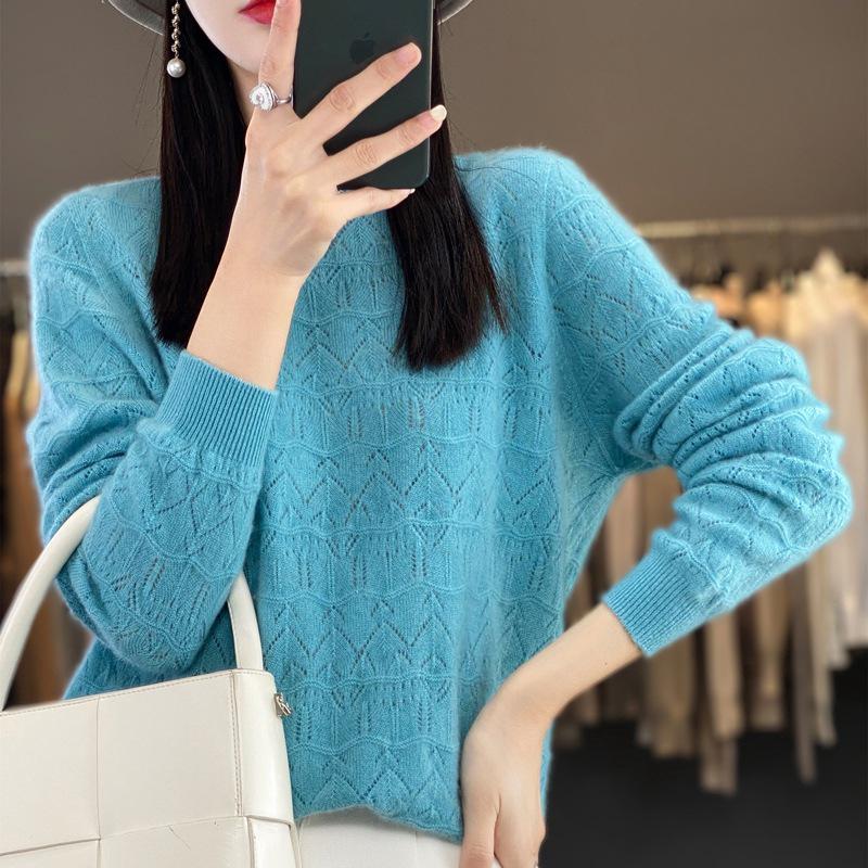 Women's Hollowed-Out Wool Round Neck Sweater - New Style, Loose Fit, Versatile Pullover for Spring and Autumn