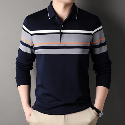 T-shirt Autunnale con Risvolto a Righe da Uomo a Maniche Lunghe Polo Nuova Moda Business Casual Top Largo Uomo