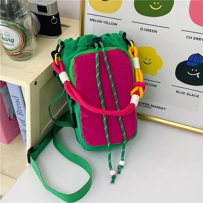 Women's Nylon Color Block One-Shoulder Crossbody Bag with Woven Lanyard, Lightweight and Stylish.