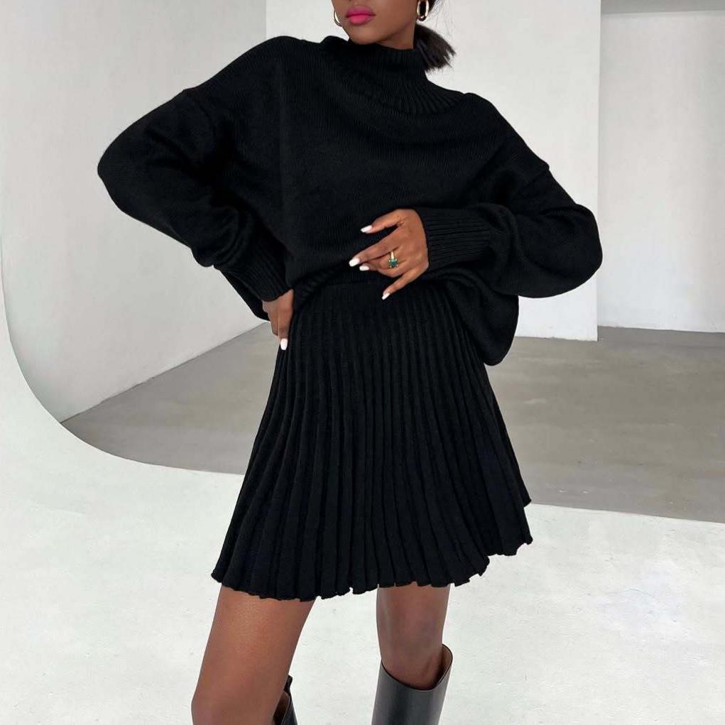 

2025 Autumn Women s Fashion: European & American Style Versatile Loose Knit Sweater with Pleated Mini Skirt XXL