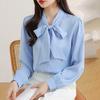 Women Shirt Lace-up Bowknot Collar Long Sleeve Casual Shirt Solid Color Loose Fit Chiffon Shirt Tops Daily Wear