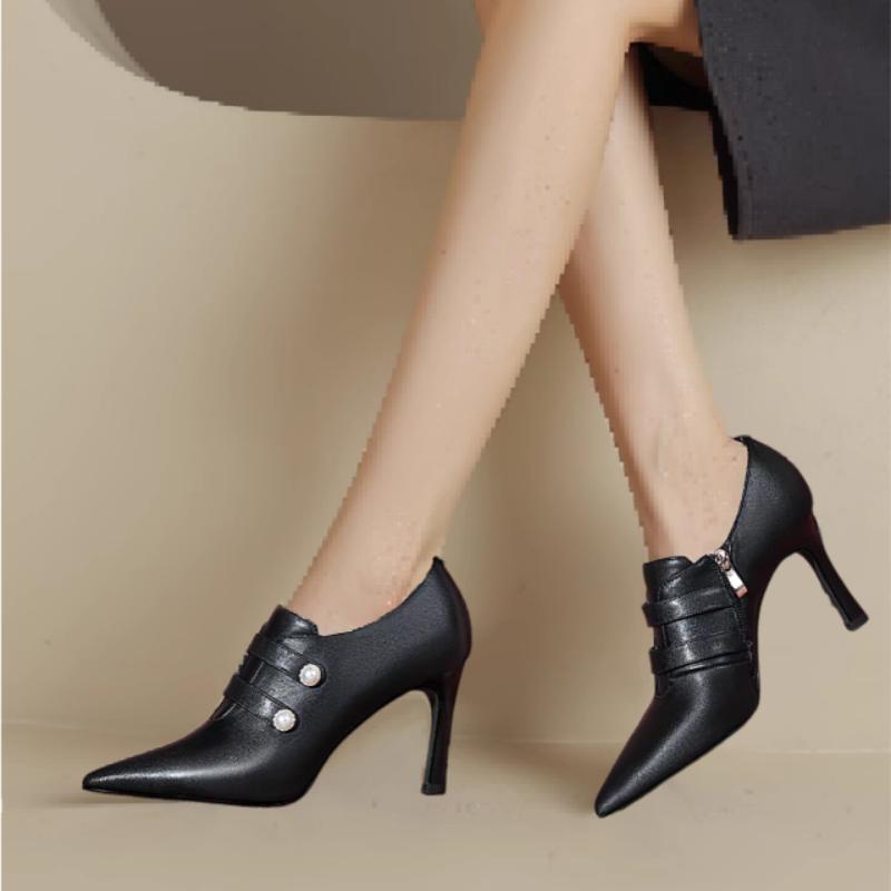 

Модные женские ботильоны на высоком каблуке, туфли на каблуках, ботильоны с двумя жемчужинами, новые дизайнерские зимние осенние ботильоны на молнии с острым носком 35 чёрный