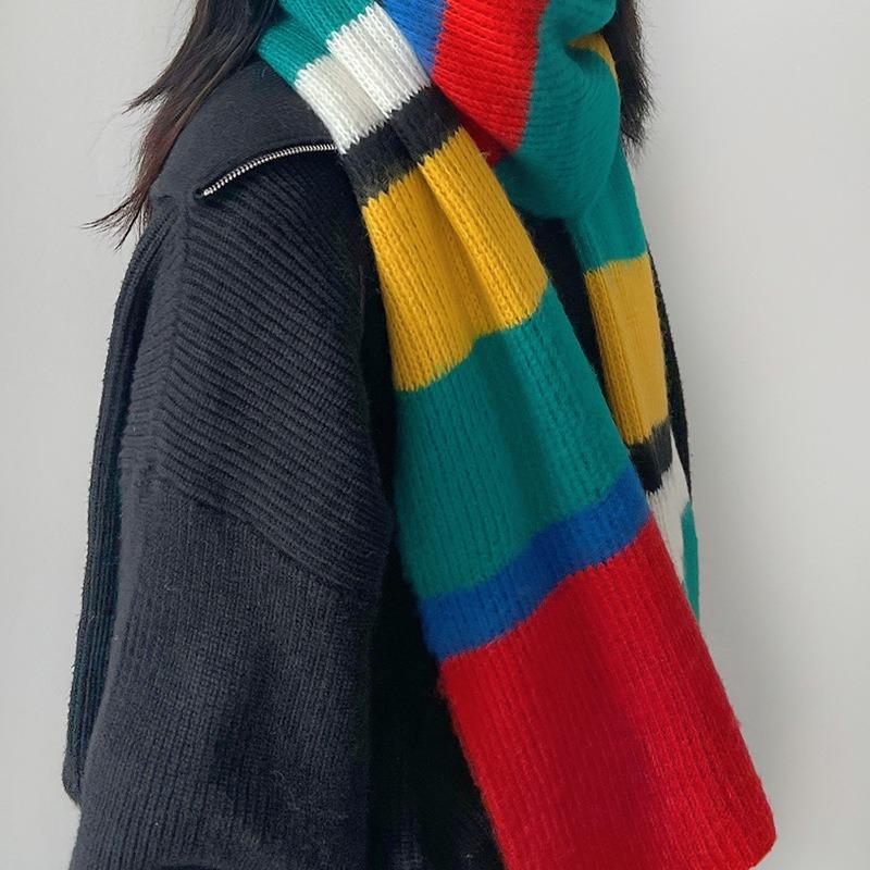 Autumn and Winter New Block Rainbow-colored Knitted Scarf Fashion Warm Scarf Versatile Scarf Dual-purpose