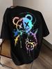 Trendy Street Style Printed T-Shirt, Creative Graffiti Design Cool Bear Pattern Gradient Color, Round Neck Short Sleeve Top, Casual Loose Fit, Suitabl