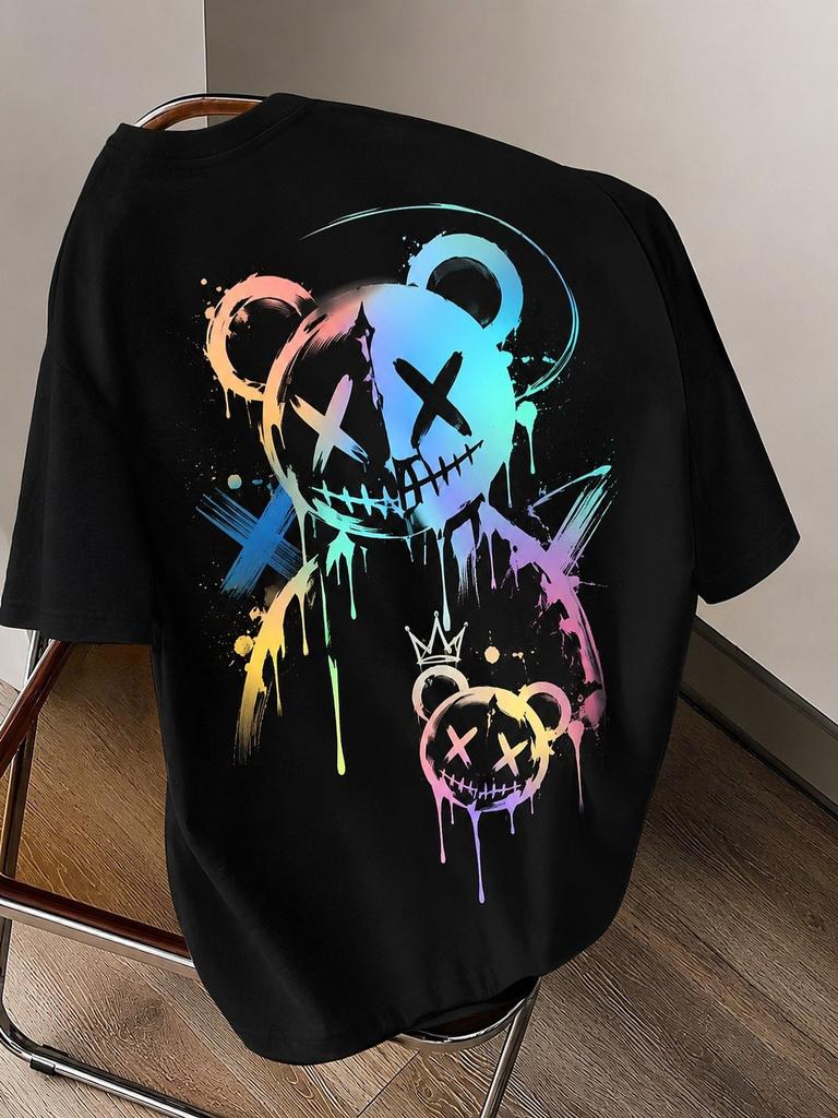 Trendy Street Style Printed T-Shirt, Creative Graffiti Design Cool Bear Pattern Gradient Color, Round Neck Short Sleeve Top, Casual Loose Fit, Suitabl