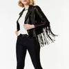 NOORA Womens Real Lambskin Leather Black Fringe Style Jacket With Zipper | Zipped Pocket | Zip On Sleeves |