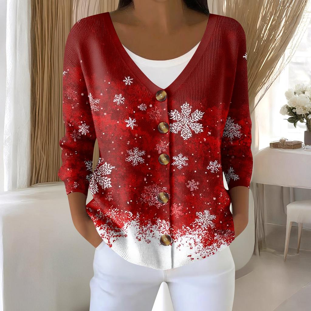 Damemote Langermet Christmas Snowman Snowflake Print Jakke Cardigan