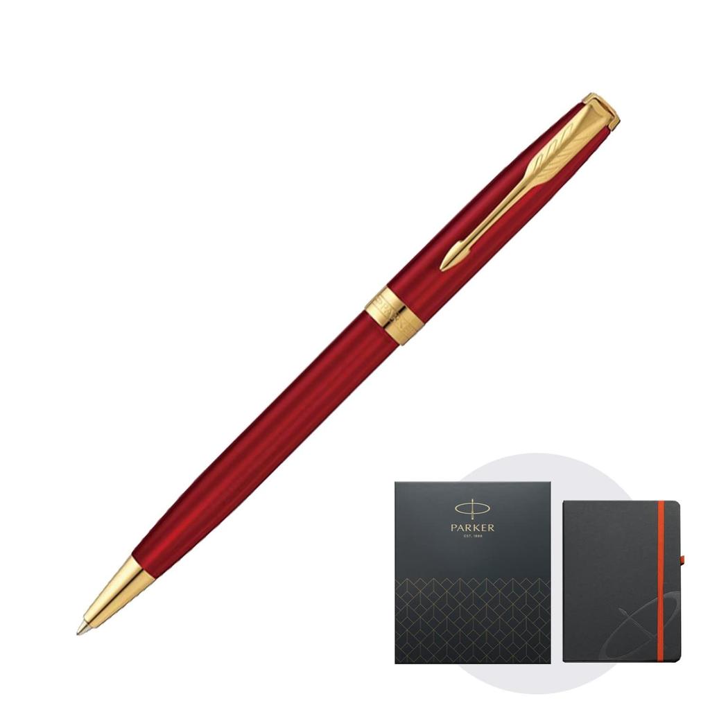 PARKER Sonnet Red GT Ballpoint Medium Gift Box Set with Original Officially 1950777 NS Pen, Nib, Oil-Based, Notebook, Imported,