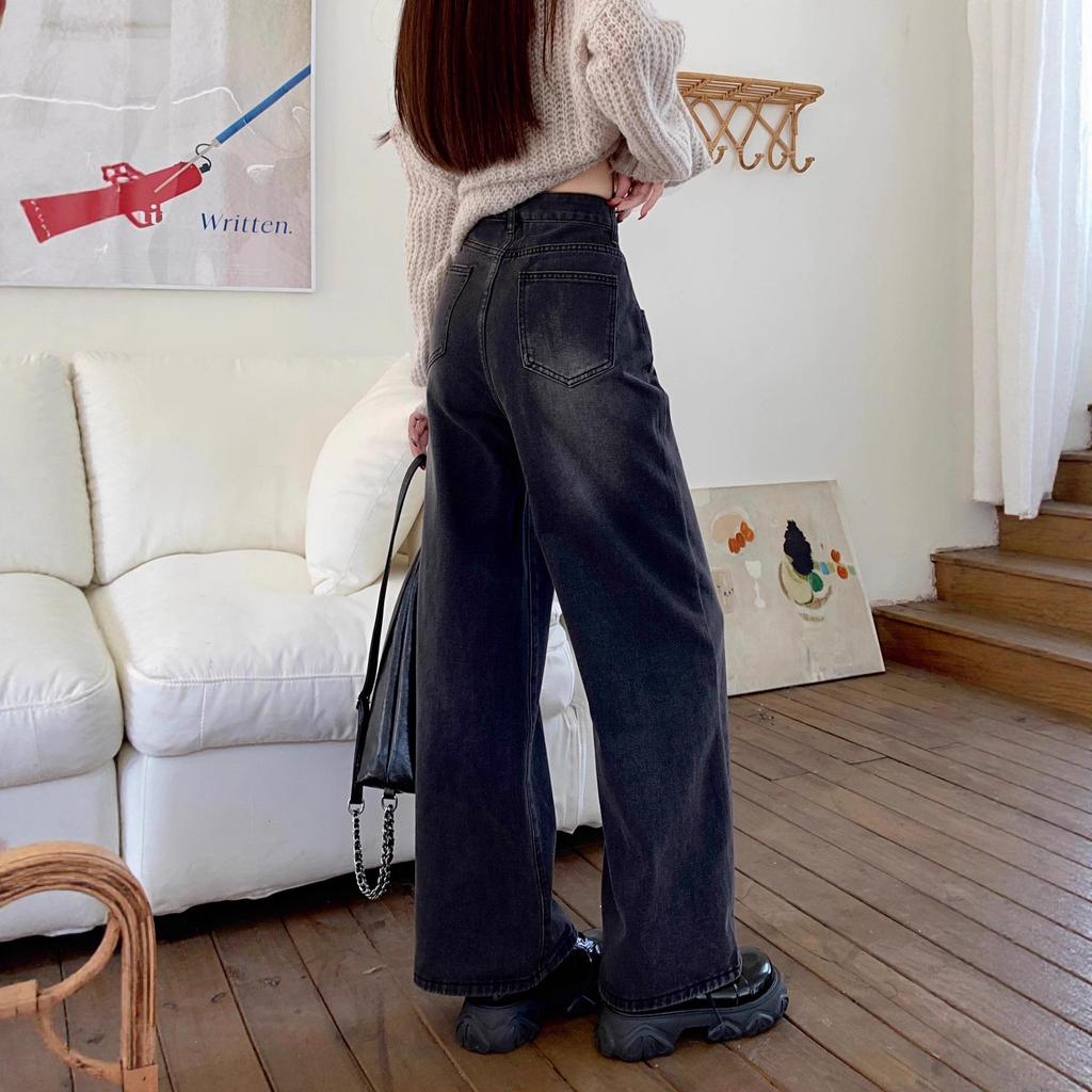 Dámské džíny s vysokým pasem a širokými nohavicemi s distressed úpravou - Černé/Šedé, Retro styl, Volný střih, Délka až na zem