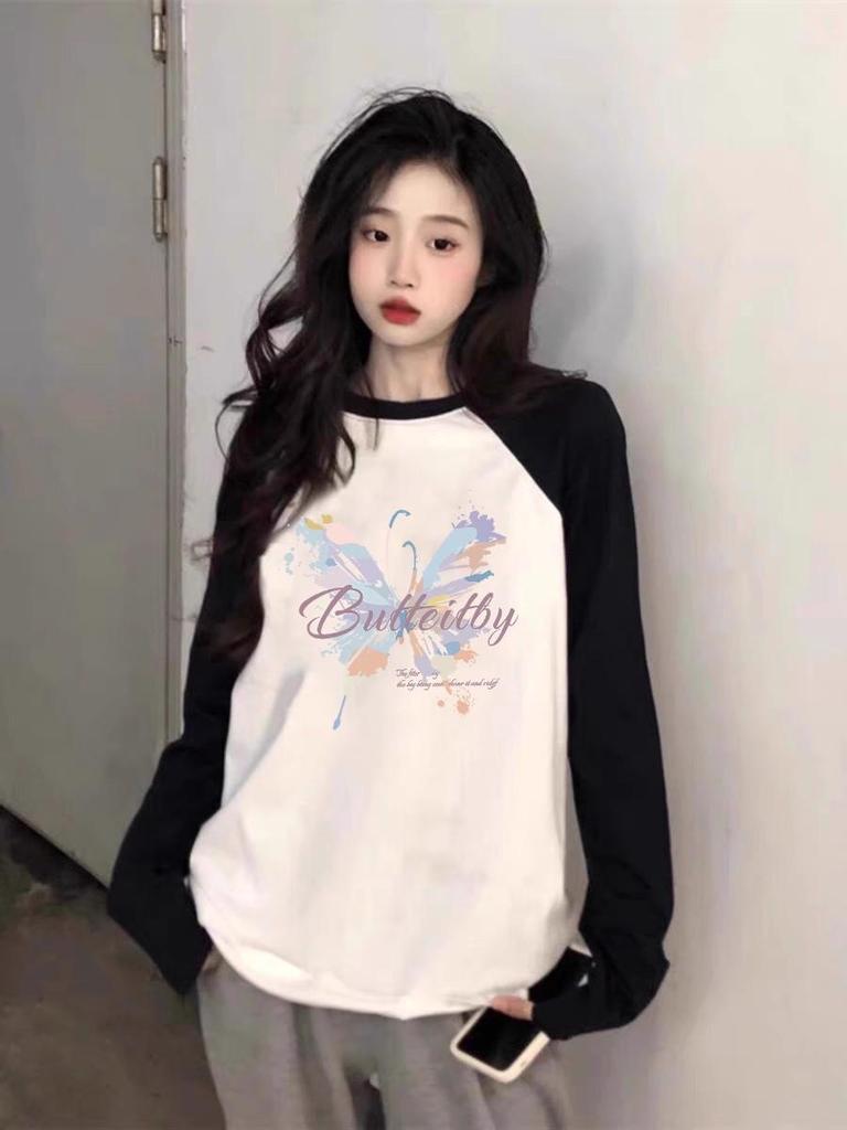 Women's Panda Cute Color Block Raglan Sleeve T-Shirt - Spring/Autumn Loose Fit, Cotton Layered Top