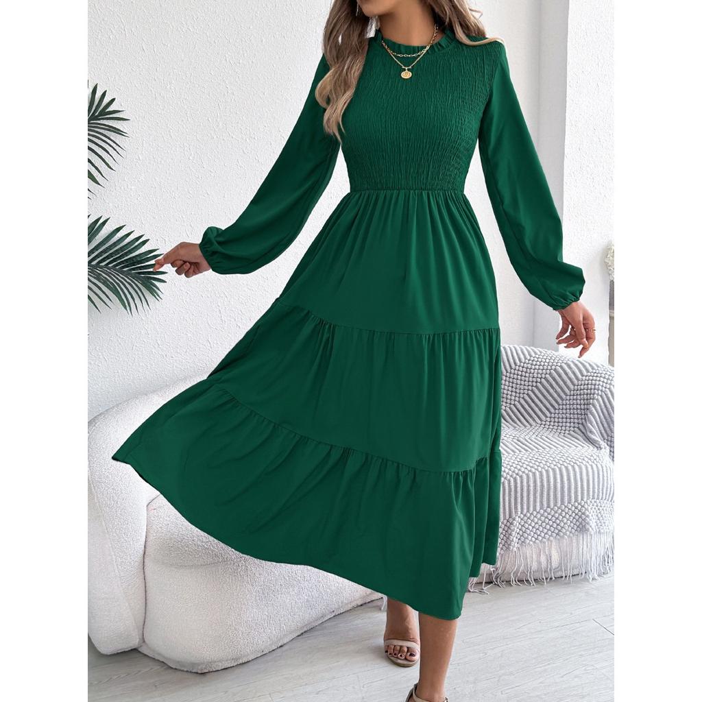 Spring Summer Women's Solid Color Long Sleeve Smocked Slim Fit Dress, Casual Fashion Women's Dress for Crossborder Outfit