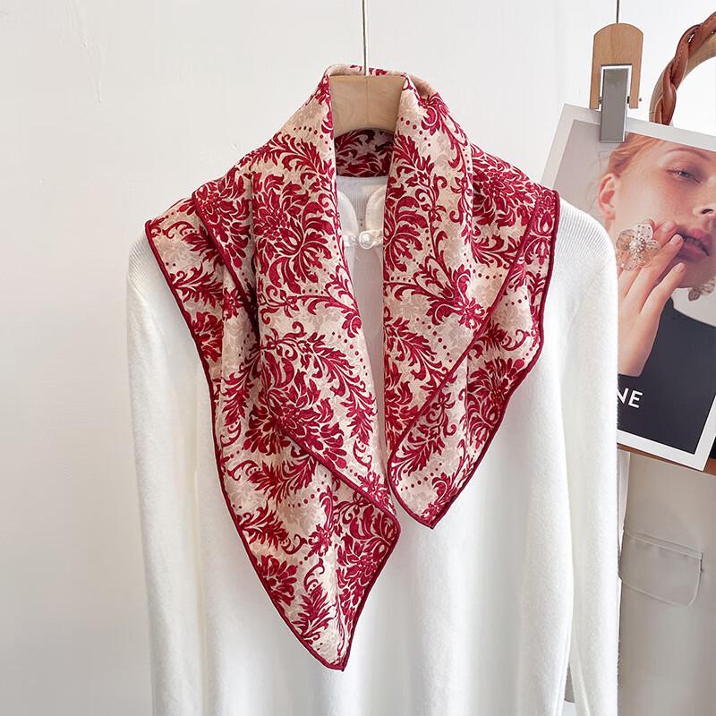 Red Floral Silk Blend Square Scarf 65x65 cm