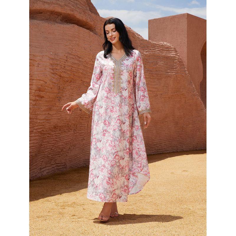 

Middle East V-neck Robe Women clothes New Fashion Casual Loose Print Dress Printed Loose Dress Pink 2XL
