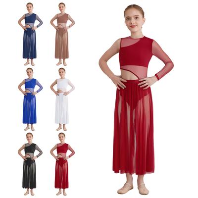 Flickors lyriskt uppträdandekostym Rund hals Urskuren design Patchwork sidor Skir mesh Asymmetrisk dansklänning