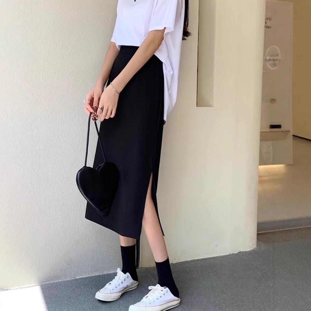 

2024 Summer Black High-Waisted Slimming Midi Pencil Skirt with Slit XS [70-80 lbs]