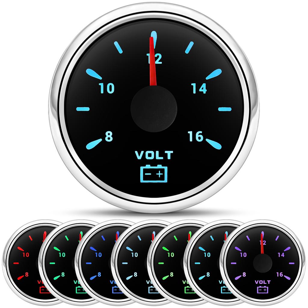HD 52mm Digital Pointer Car Boat Voltmeter Auto Volt Indicator Voltage Gauge 12V/24V Car Volt Gauge 8~16V with 7 Color Backlight