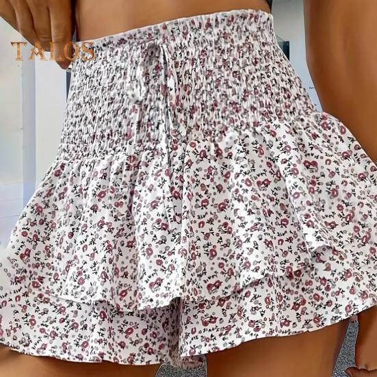 Été femmes Shorts multi-couches imprimé fleuri froncé à volants Patchwork taille haute élastique large ceinture cordon a-ligne fausse jupe dame Mini