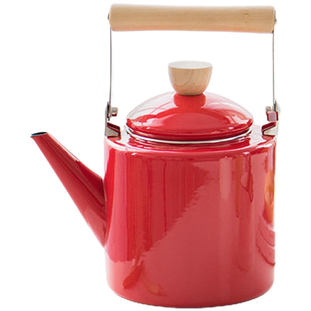 Retro emaljerad spishäll tekanna 2 4L Rött trähandtag Vattenkokare för te kaffe mjölk Vintage kökskastrull Spis toppkokare