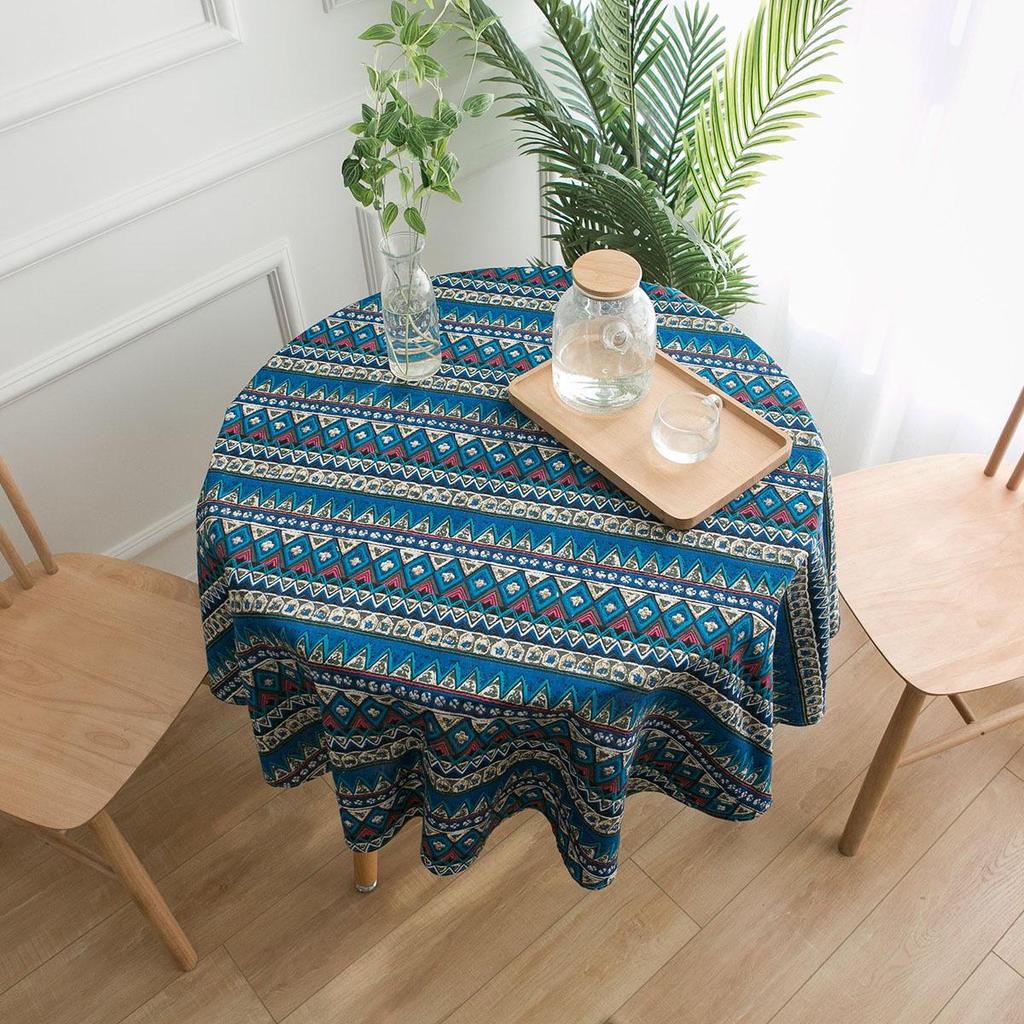 Bohemian Blue Geometric Print Tablecloth with Mediterranean Style Napkins - Cotton Linen for Coffee Table