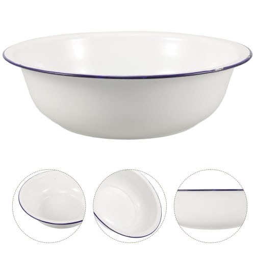 Healeved Vintage Enamel Wash Basin, Footbath, Multi-Purpose Enamel Wash Basin for Washing Face, Foot Bath, and Laundry, Blue Rim, White, 30 X 9 Cm