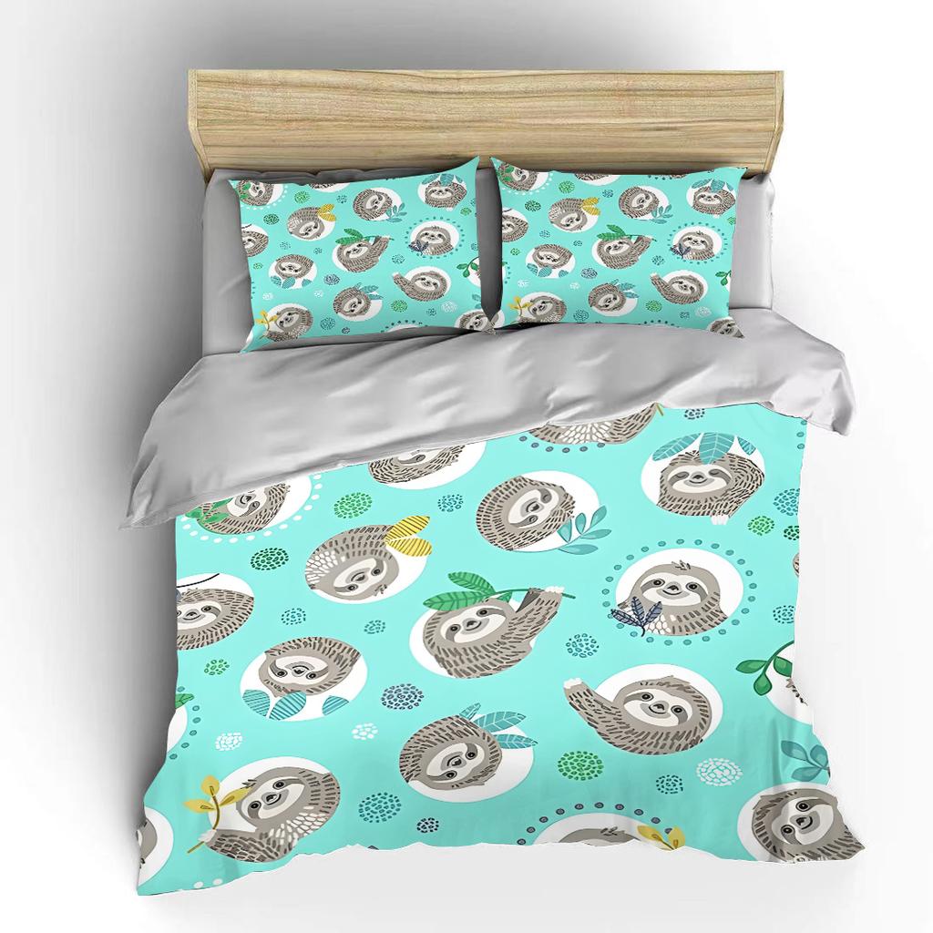 Cartoon Sloths With Leaf Designs Print Bedding Set 1 Duvet Cover 2 Pillowcases For Adult And Children Luxury Gift Full Size