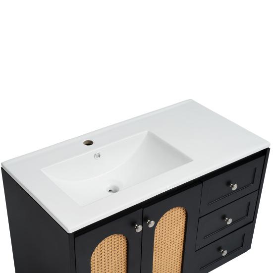 Bathroom Sink Cabinet with 3 Drawers Modern Black Rattan Element Heavy Duty Lavatory Wall Mount Ceramic Wash Basin Vanity Cabinet