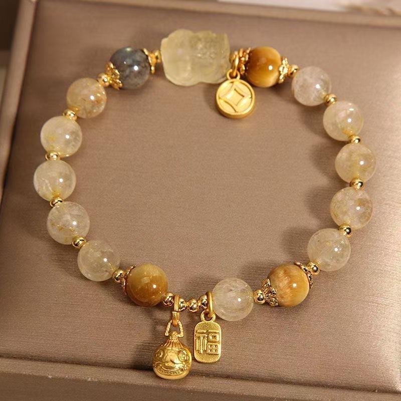 Unisex INS Style Bracelet, Natural Stone Pixiu & Gold Swallowing Beast, Imitation Yellow Tower Crystal / Tiger Eye with Pearl Accent