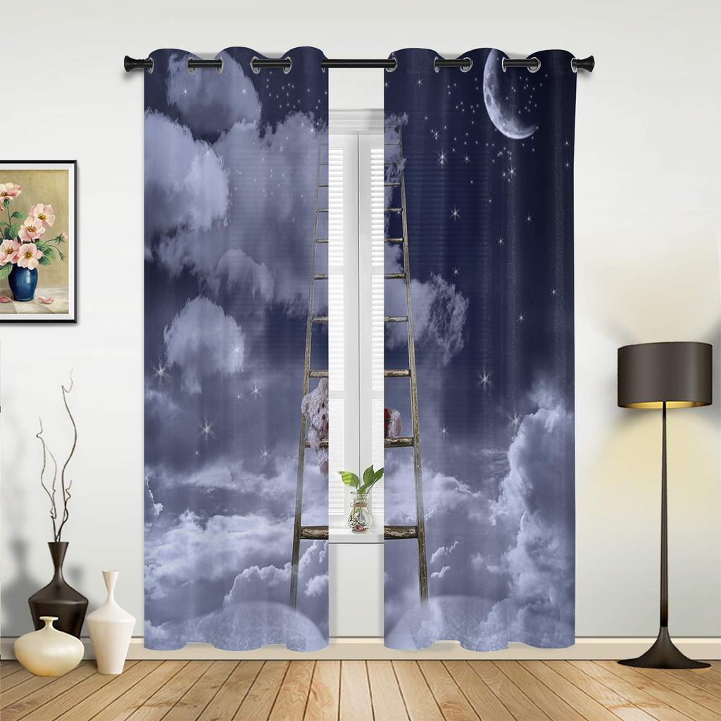 Night Sky Moon Clouds Stars Window Curtain Modern European Style Curtains for Bedroom Living Room Backdrop Curtain