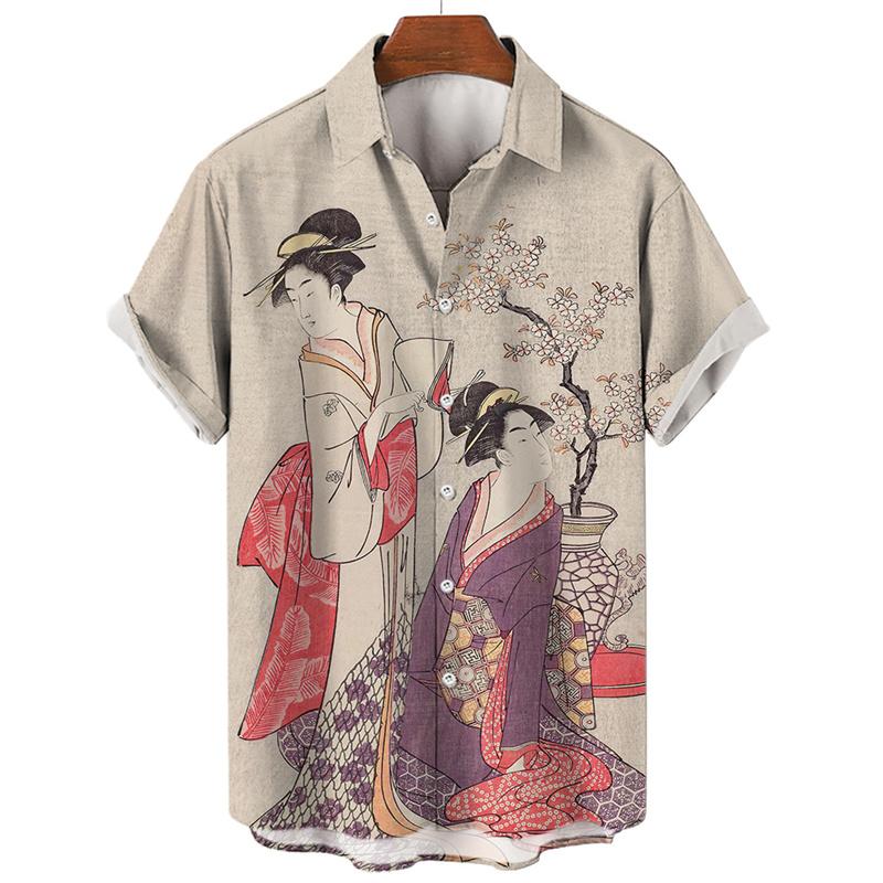 

Japanese Geisha Shirt For Men Clothing Street Loose Oversized Short Sleeved Tops Summer Casual Lapel Hawaiian Shirts S