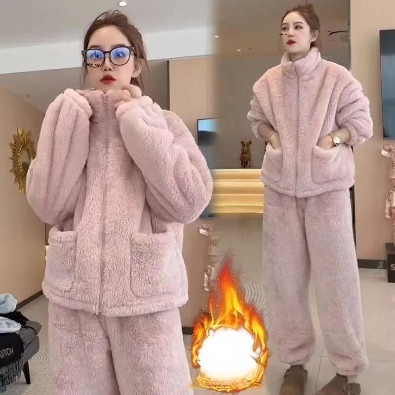 Fleece Tlustý Teplý Dámský Pyžamový Set Zimní Oblečení na Spaní Ležérní Zip Korálová Flanelová Bunda a Kalhoty Pyžamový Set Dámský Domácí Oblek