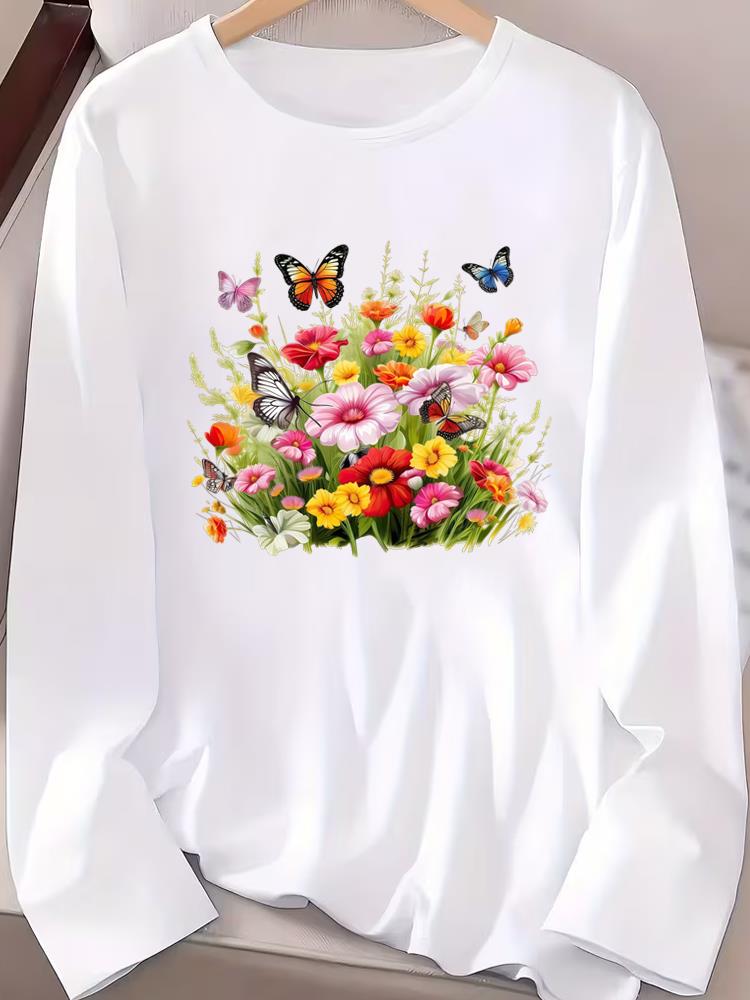 (Asian Size) style flower autumn winter Graphic Tee spring o-neck Print T Shirt Casual Clothing Women Fashion Top Long Sleeve T-shirts