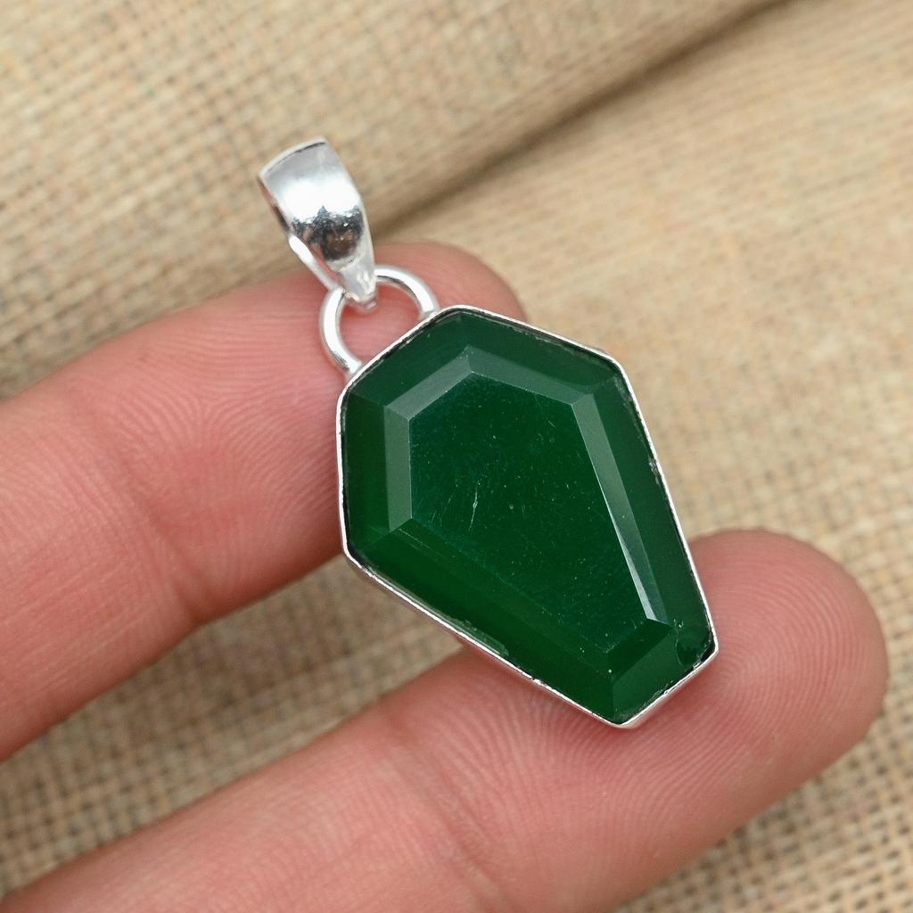 Green Onyx Gemstone 925 Sterling Silver Handmade Coffin Design Pendant