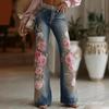 Damen Mid-Waist Jeans mit Blumenstickerei und ausgestelltem Bein, lässige lange Hose