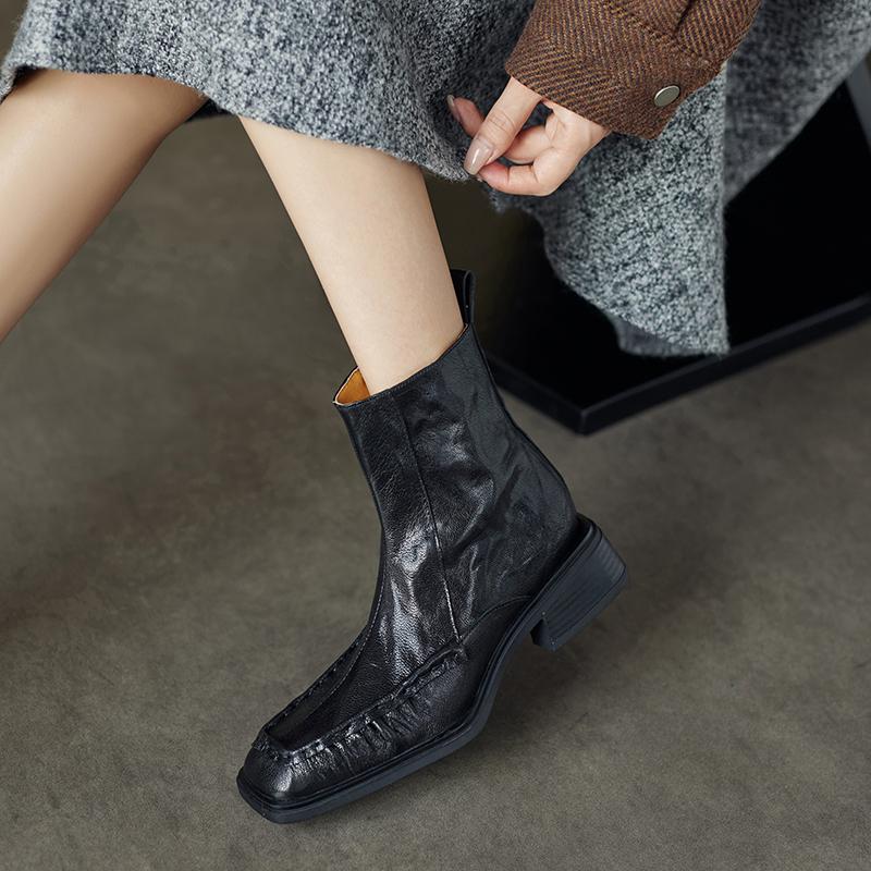 Fashion 2024 Autumn Women Boots Square Toe Chunky Heels Women Shoes Winter Ankle Boots Chelsea Genuine Leather Pleated Modern Boots
