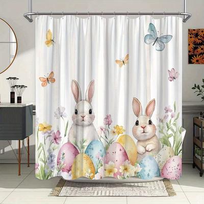 Easter Rabbit Shower Curtain - Watercolor Garden Design with Bunnies, Eggs & Butterflies, Festive Spring Theme, Polyester