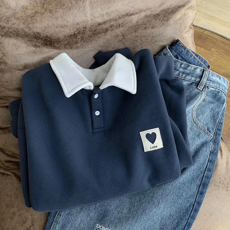 

Поло воротник толстовки с капюшоном сердечный узор женская толстовка толстая теплая осенняя винтажная женская толстовка с капюшоном повседневная с длинным рукавом свободные топы XXL темно-синий