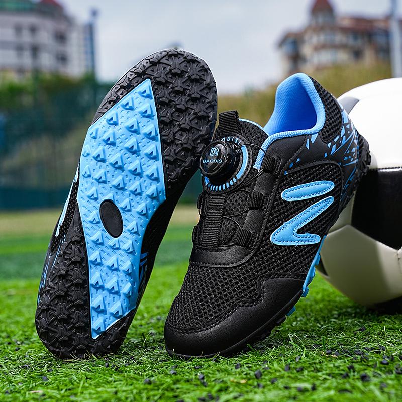 Kid's Football Shoes Are Lightweight Easy To Put On And Take Off with Rotating Buttons Rubber Soft Sole Breathable Mesh. They Are Also Training Shoes