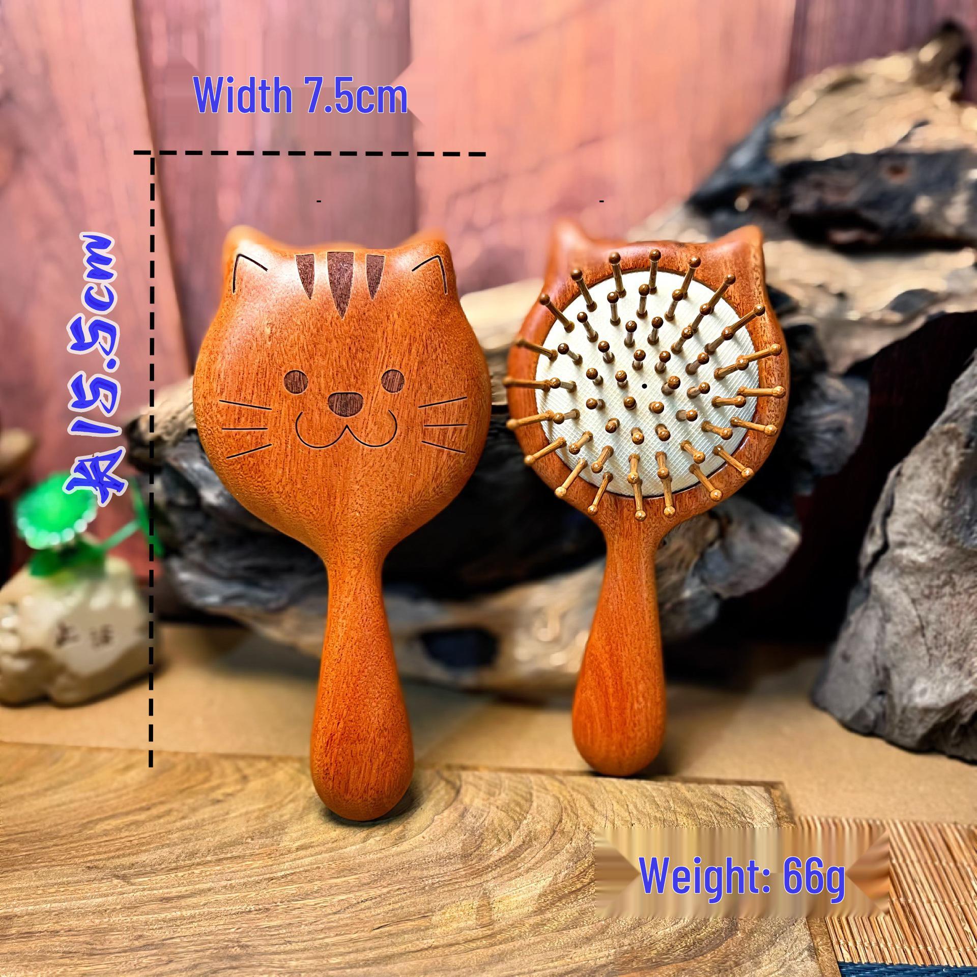 Sandalwood Airbag Cushion Comb Kit: Cute Kitten Design, Ring Stud, Wood Head, Meridian Massage - Perfect Gift