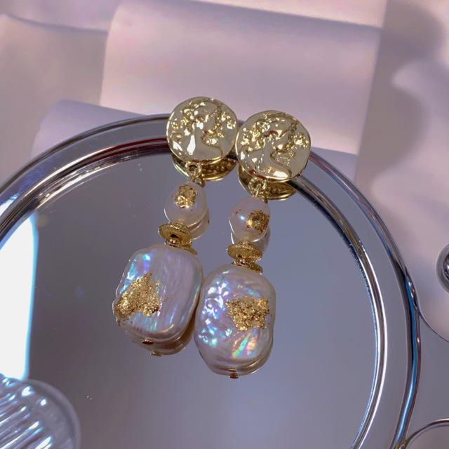 Flower Princess Queen Sicilian Vintage Baroque Pearl Gold Foil Stud Earrings Temperament French Among Earrings Silver Needles