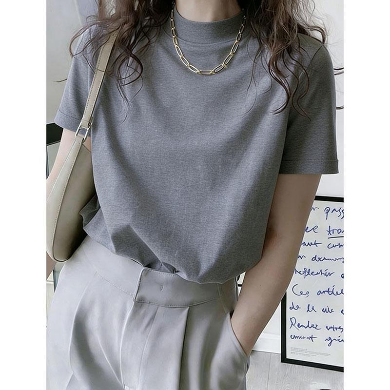 New semi-turtleneck shoulder pure cotton polished short-sleeved t-shirt women's Korean version fashionable versatile foreign style white top