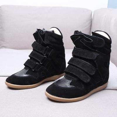 Estilo Sapatos femininos invisíveis para aumentar a altura, salto plataforma, tênis de velcro, couro, cano alto, combinação de cores, casual