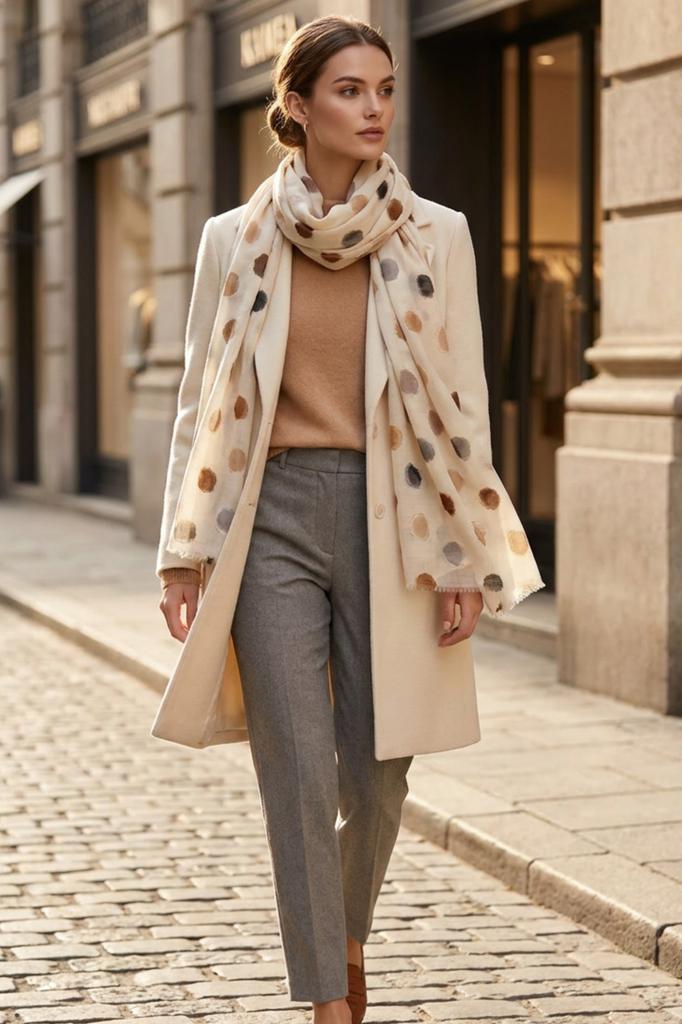 Beige Scarf with Colorful Dots - 180x90 , Cotton and Viscose