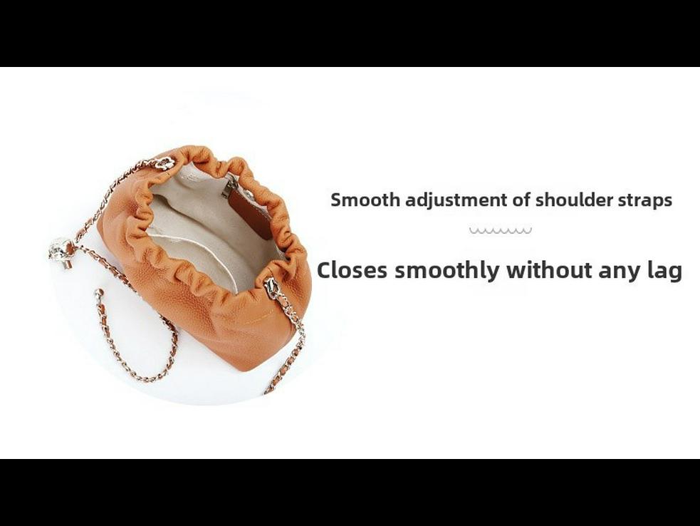 Women's Genuine Leather Cloud Pleated Shoulder Bag with Golden Ball Detail