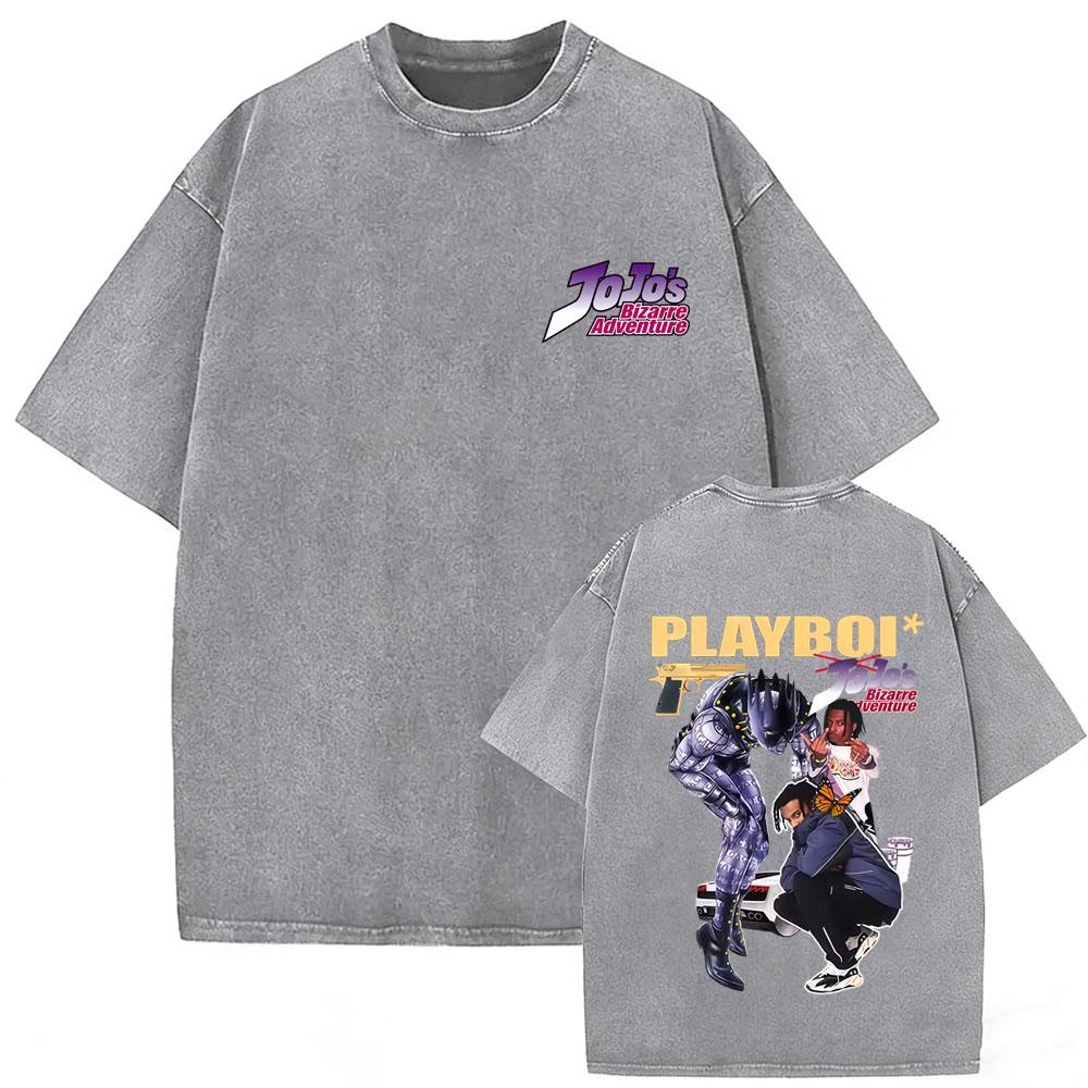 Washed Vintage Anime Jojo Bizarre Adventure Steel Ball Run Diego Brando Graphic Tshirt Men Women Manga Retro Oversized T Shirts