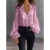 Women Lace Spliced Blouse V‑Neck Puff Bubble Long Sleeve Pleated Ruffle Cuff Elegant Loose Fit Ladies Casual Shirt Top