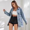 S115 Women's Plus Size Mid-Length Ripped Denim Jacket - European & American Style