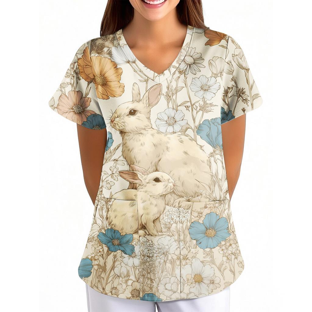 T-shirt à imprimé de Pâques pour femme, ample, col en V, avec poche, manches courtes, pour soignant/Uniforme