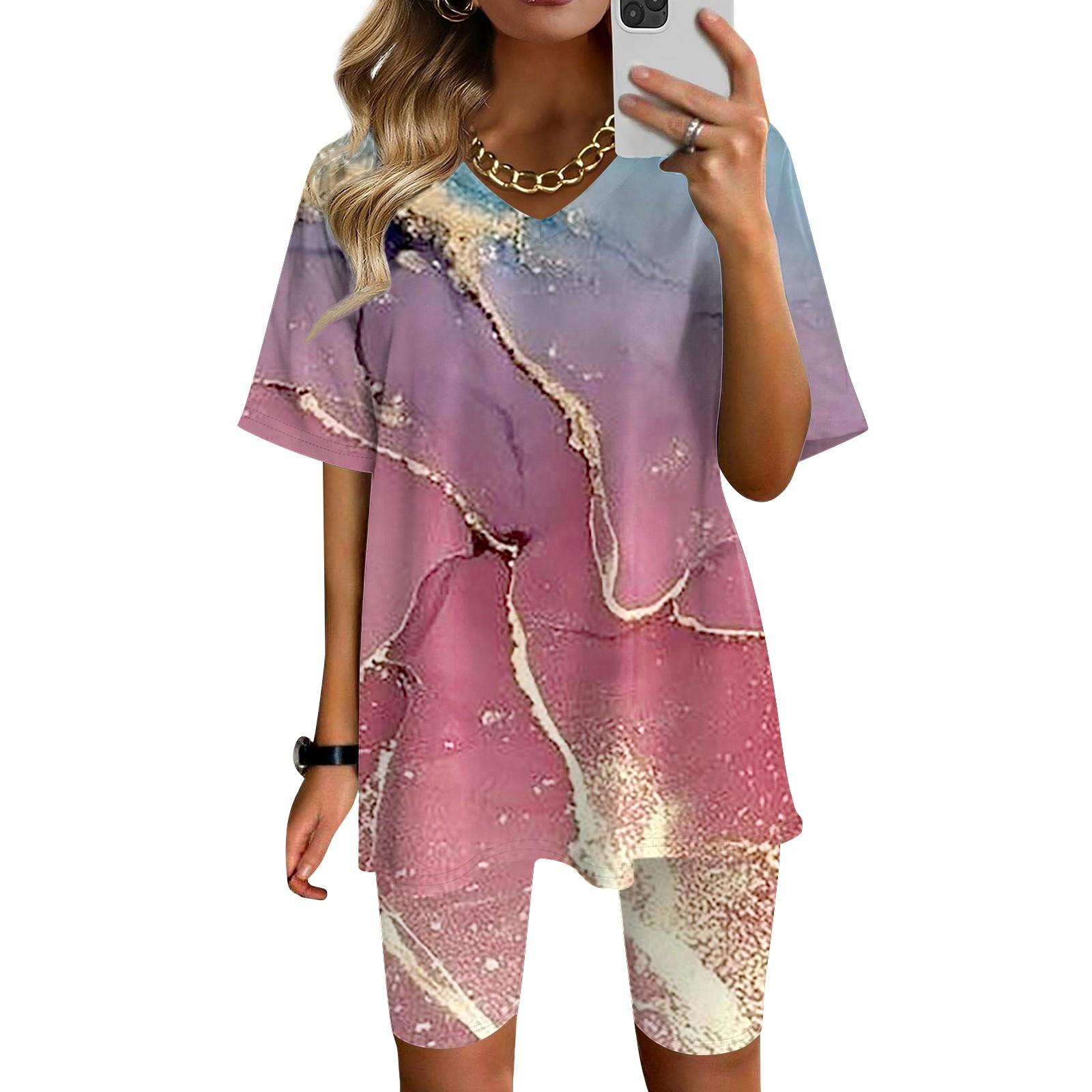 

Женская одежда для дома, комплект из двух предметов для женщин, летняя футболка с v-образным вырезом, топы, шорты, спортивный спортивный костюм для тренировок S розовый