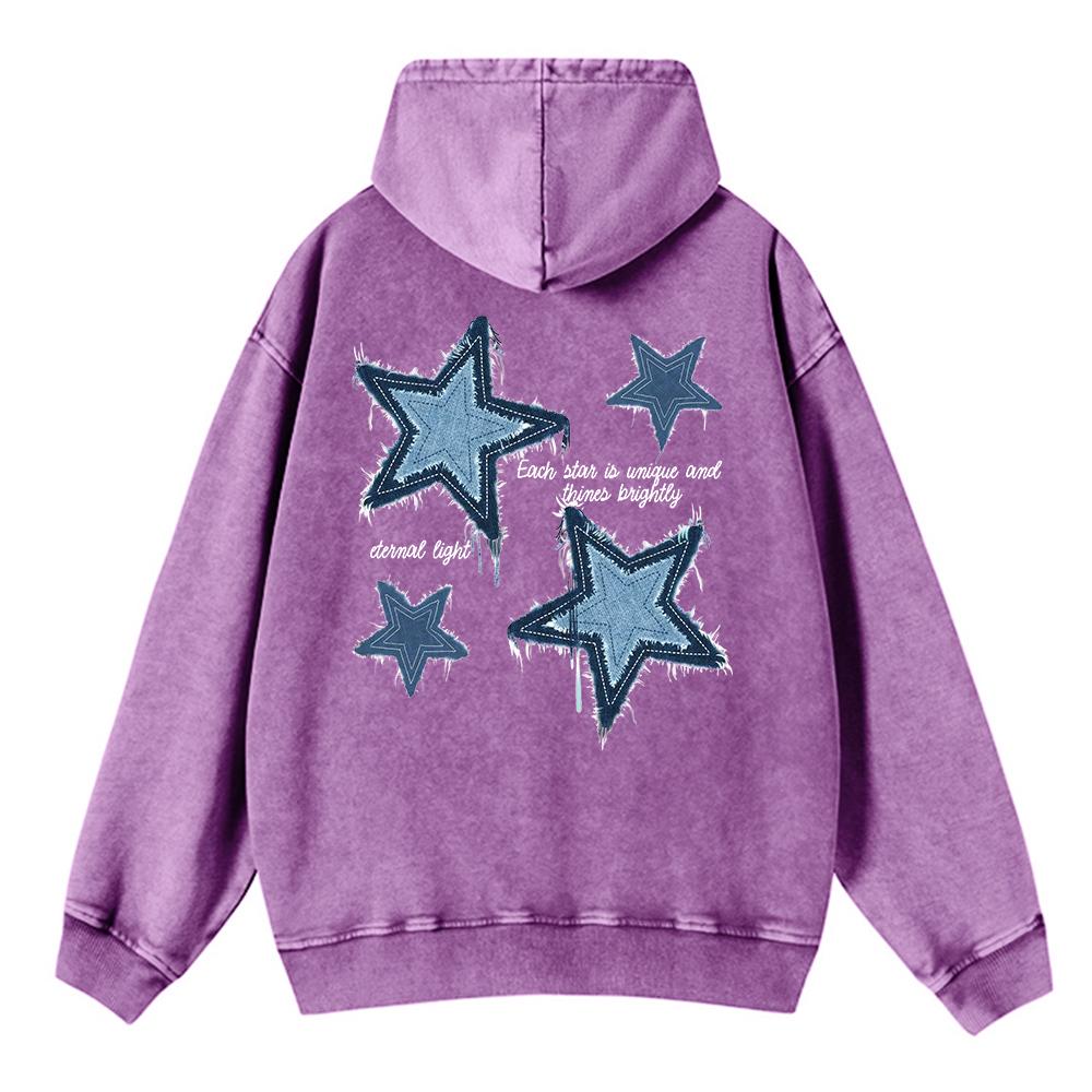 Übergroßer Damen-Wasch-Hoodie Imitat-Denim Sternmuster-Print Pullover Bequemer Warmer Baumwoll-Hoodie Freizeitkleidung